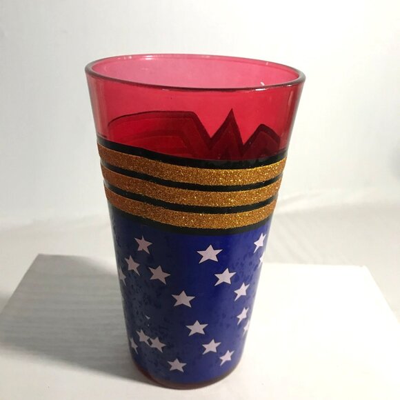 Wonder Woman 16 oz Glass Tumbler Cup Red & Blue with Stars DC Comics - Picture 3 of 6